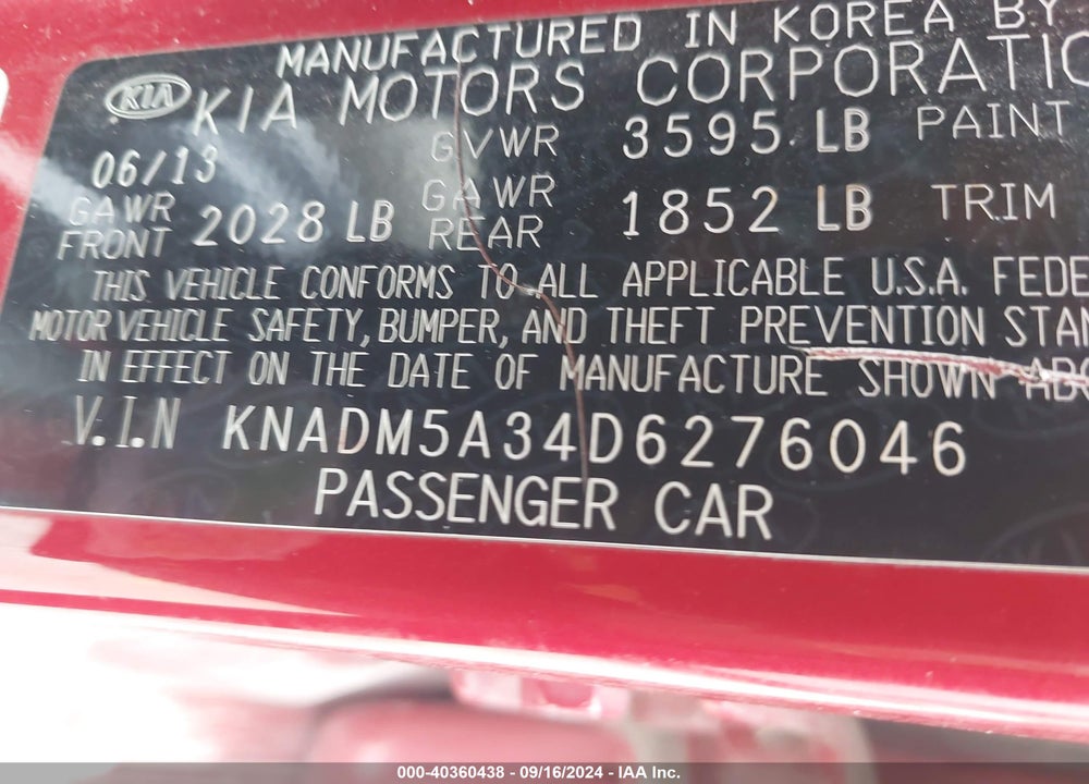 2013 KIA RIO LX VIN: KNADM5A34D6276046