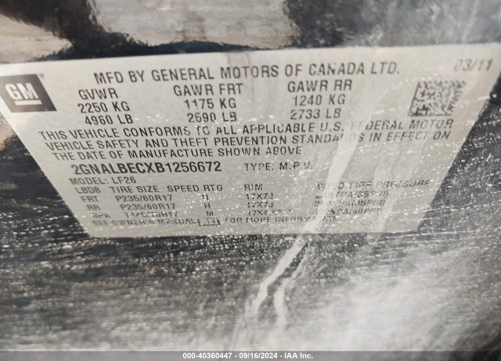 2011 CHEVROLET EQUINOX LS VIN: 2GNALBECXB1256672