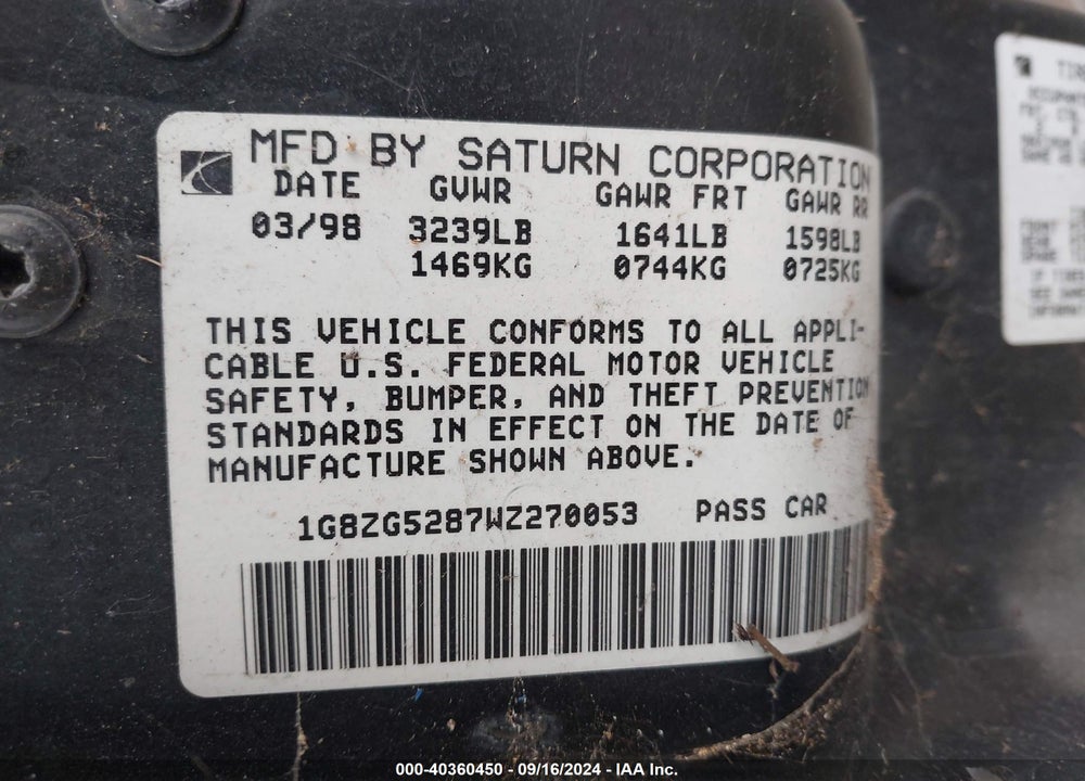 1998 SATURN SL1 VIN: 1G8ZG5287WZ270053
