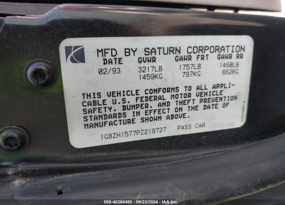 1993 SATURN SC2 VIN: 1G8ZH1577PZ219727