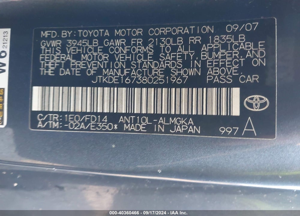 2008 SCION TC VIN: JTKDE167380251967