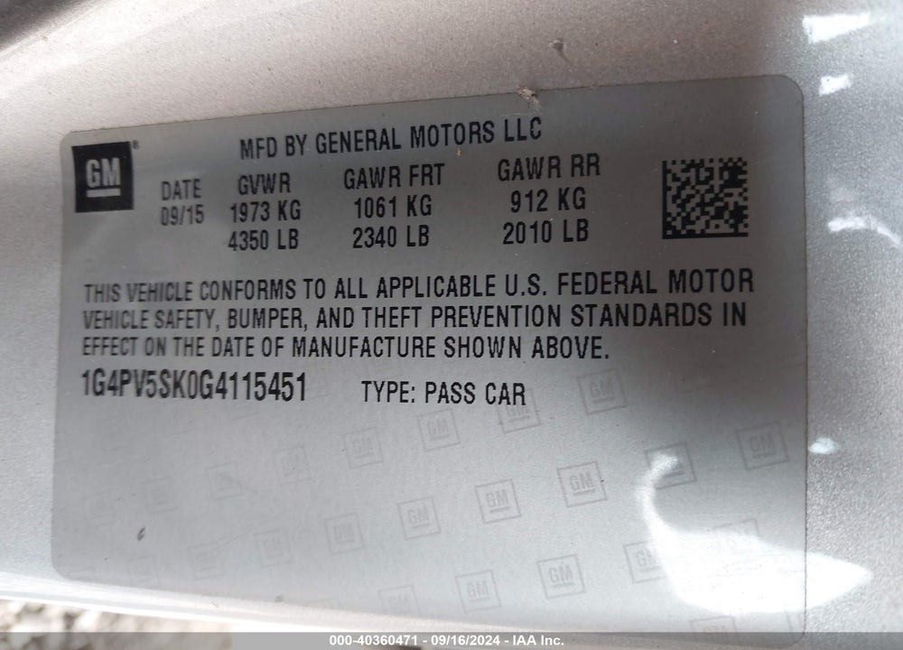 2016 BUICK VERANO 1SV VIN: 1G4PV5SK0G4115451