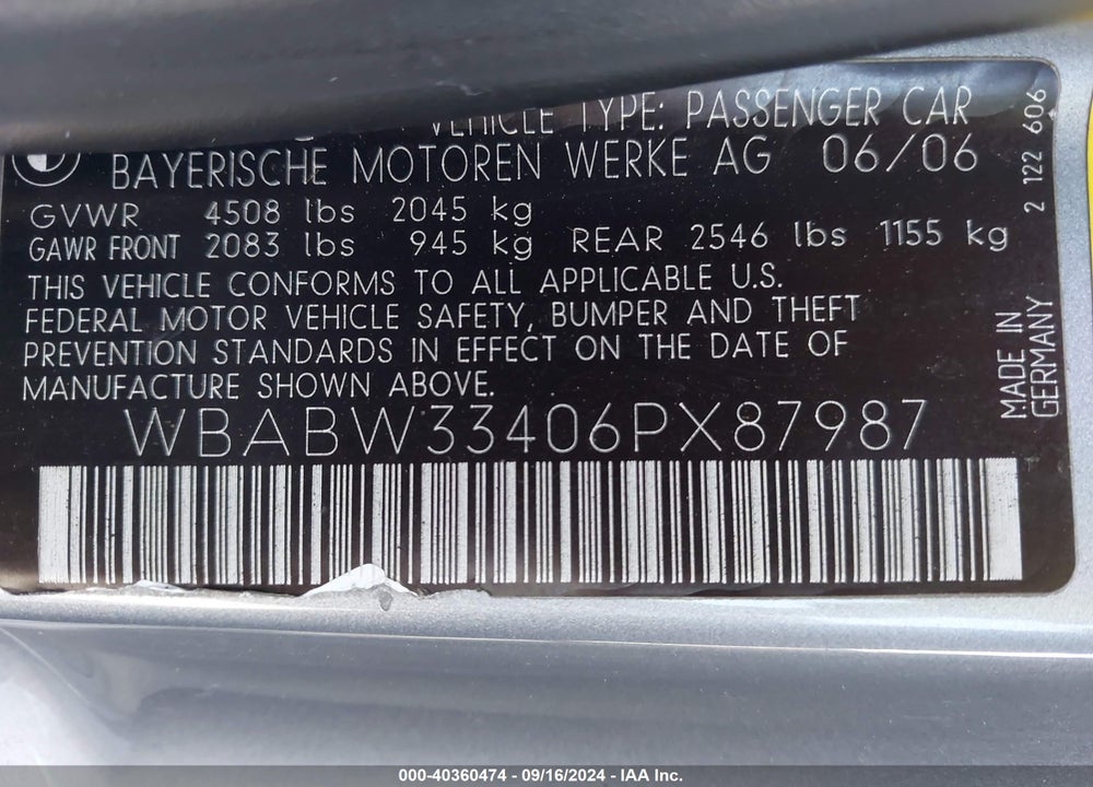 2006 BMW 325CI VIN: WBABW33406PX87987
