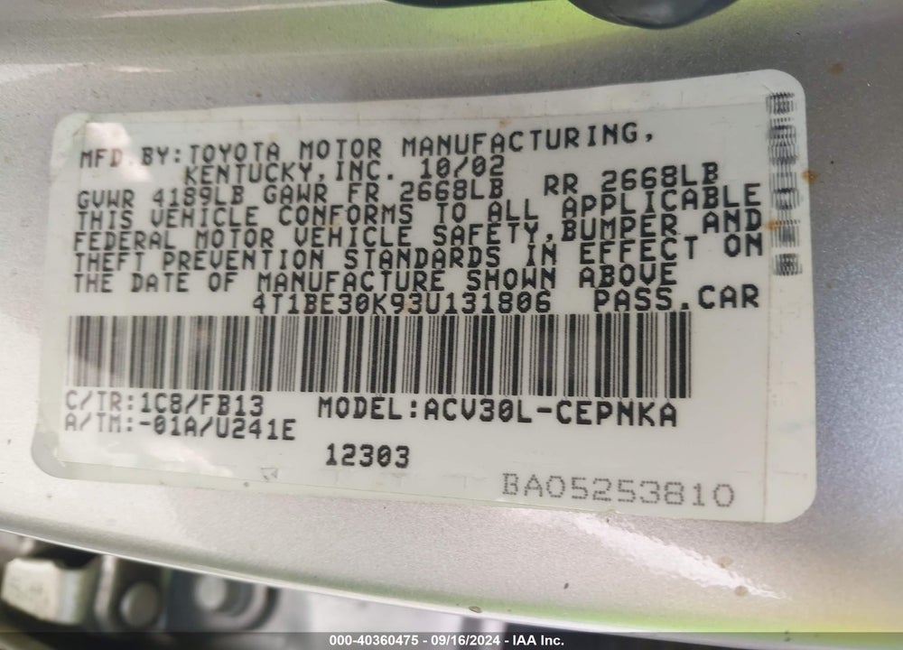 2003 TOYOTA CAMRY LE VIN: 4T1BE30K93U131806