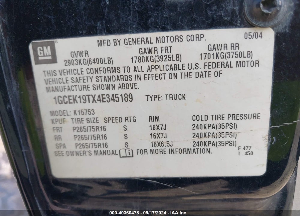 2004 CHEVROLET SILVERADO 1500 Z71 VIN: 1GCEK19TX4E345189