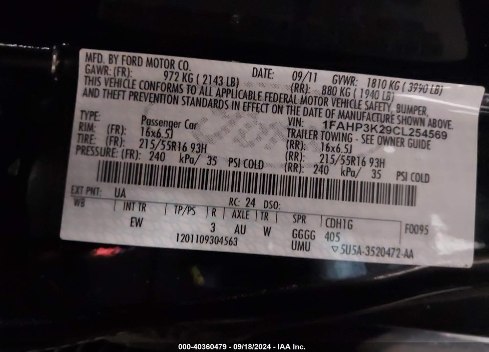 2012 FORD FOCUS SE VIN: 1FAHP3K29CL254569