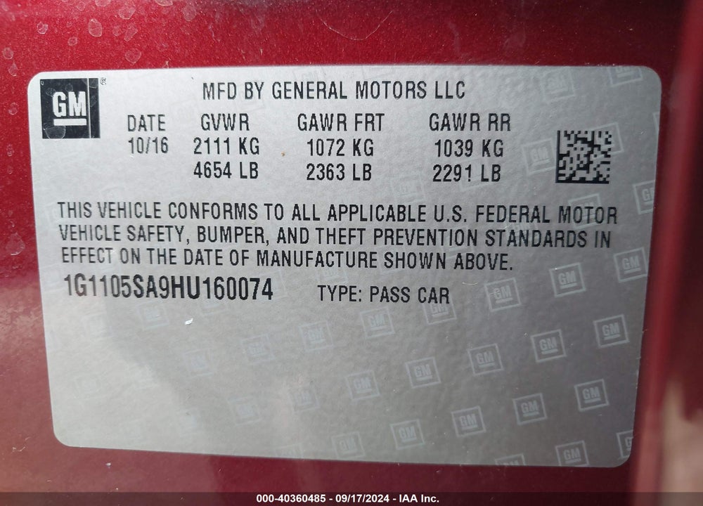 2017 CHEVROLET IMPALA 1LT VIN: 1G1105SA9HU160074
