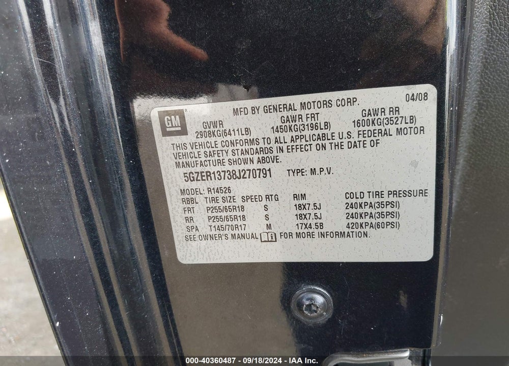 2008 SATURN OUTLOOK XE VIN: 5GZER13738J270791