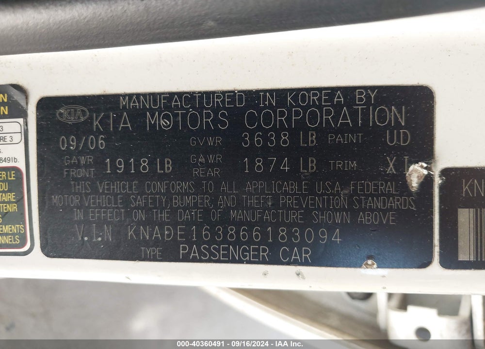 2006 KIA RIO5 VIN: KNADE163866183094