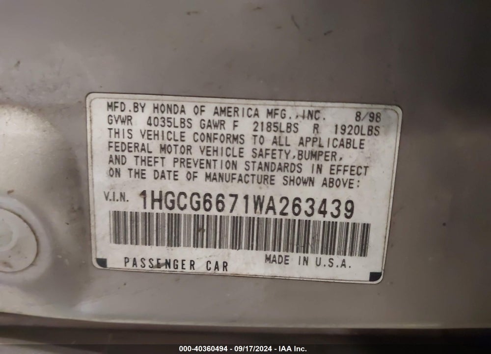 1998 HONDA ACCORD EX VIN: 1HGCG6671WA263439