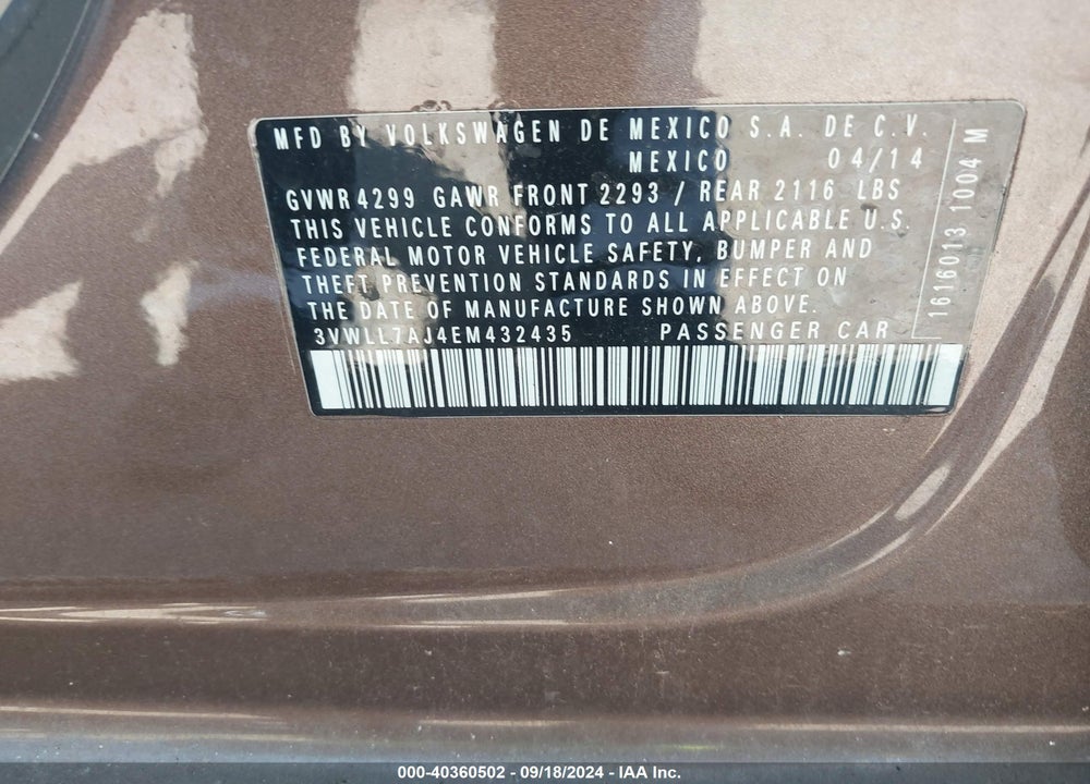 2014 VOLKSWAGEN JETTA 2.0L TDI VIN: 3VWLL7AJ4EM432435