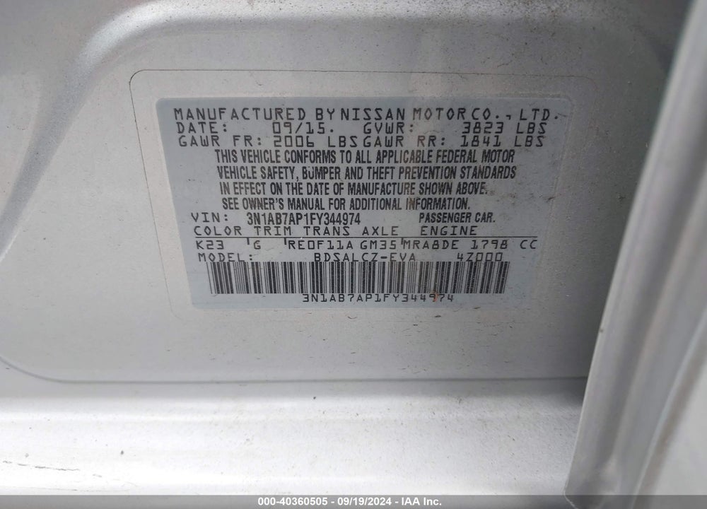 2015 NISSAN SENTRA S VIN: 3N1AB7AP1FY344974