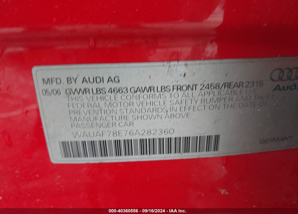 2006 AUDI A4 2.0T VIN: WAUAF78E76A282360