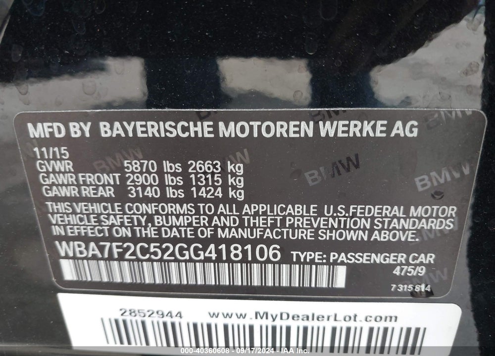 2016 BMW 750I XDRIVE VIN: WBA7F2C52GG418106