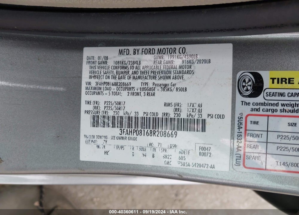 2008 FORD FUSION SEL VIN: 3FAHP08168R208669
