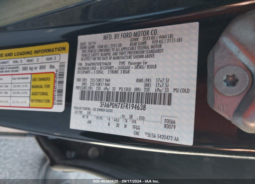 2015 FORD FUSION SE VIN: 3FA6P0H7XFR194638