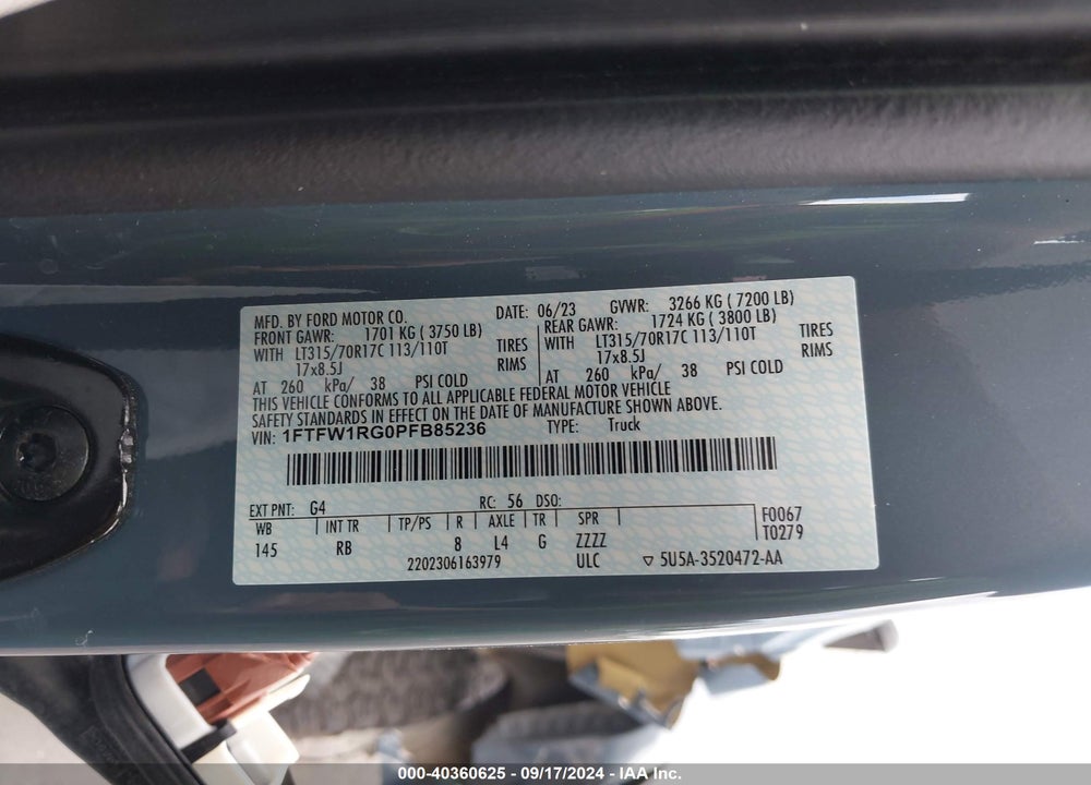 2023 FORD F-150 RAPTOR VIN: 1FTFW1RG0PFB85236