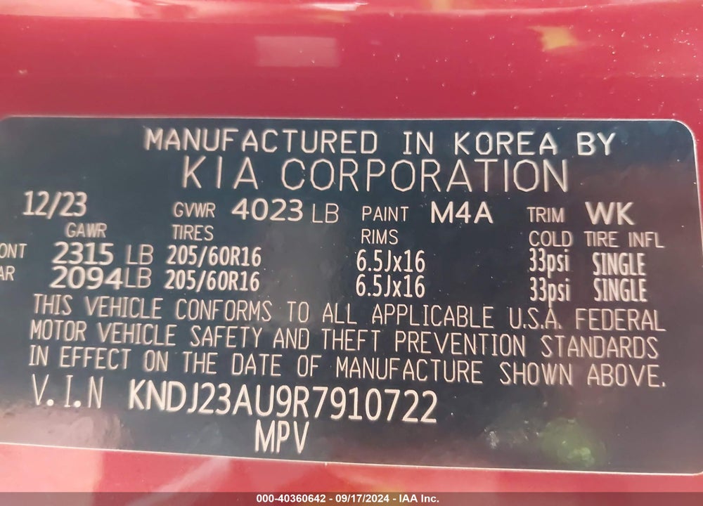 2024 KIA SOUL LX VIN: KNDJ23AU9R7910722