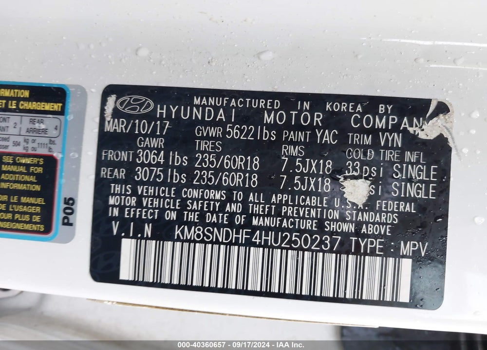 2017 HYUNDAI SANTA FE LIMITED VIN: KM8SNDHF4HU250237