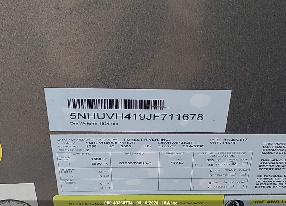 2018 FOREST RIVER 14' VALUE HAULER VIN: 5NHUVH419JF711678