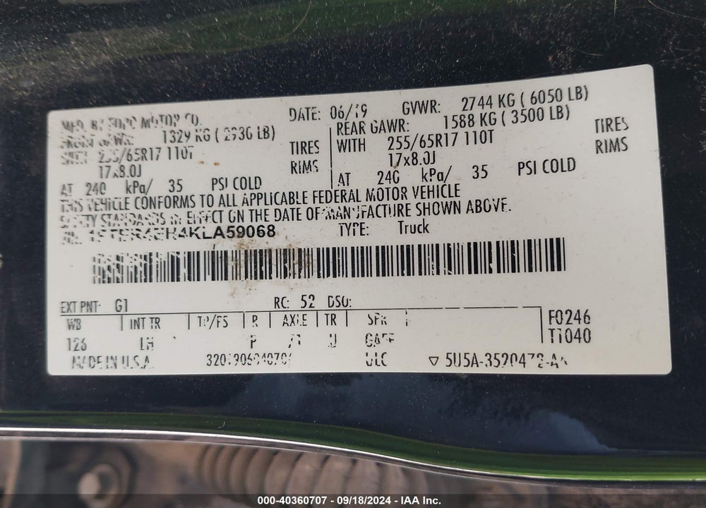 2019 FORD RANGER XLT VIN: 1FTER4EH4KLA59068