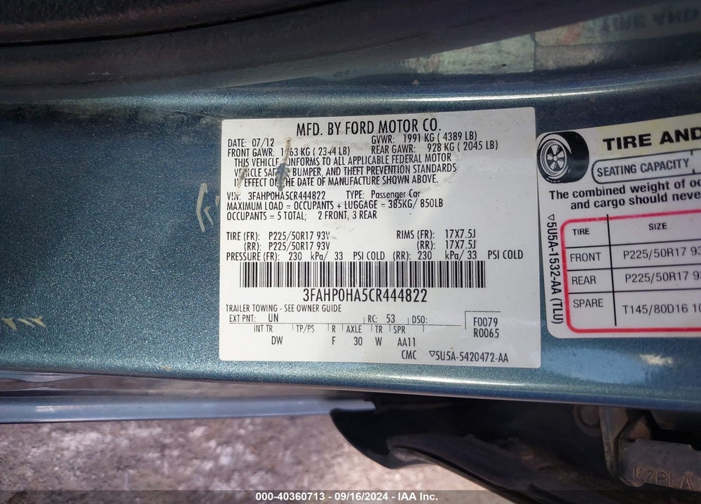 2012 FORD FUSION SE VIN: 3FAHP0HA5CR444822