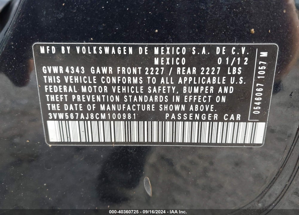 2012 VOLKSWAGEN JETTA GLI VIN: 3VW567AJ8CM100981