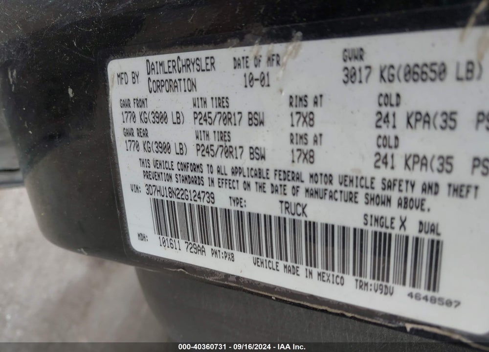 2002 DODGE RAM 1500 ST VIN: 3D7HU18N22G124739