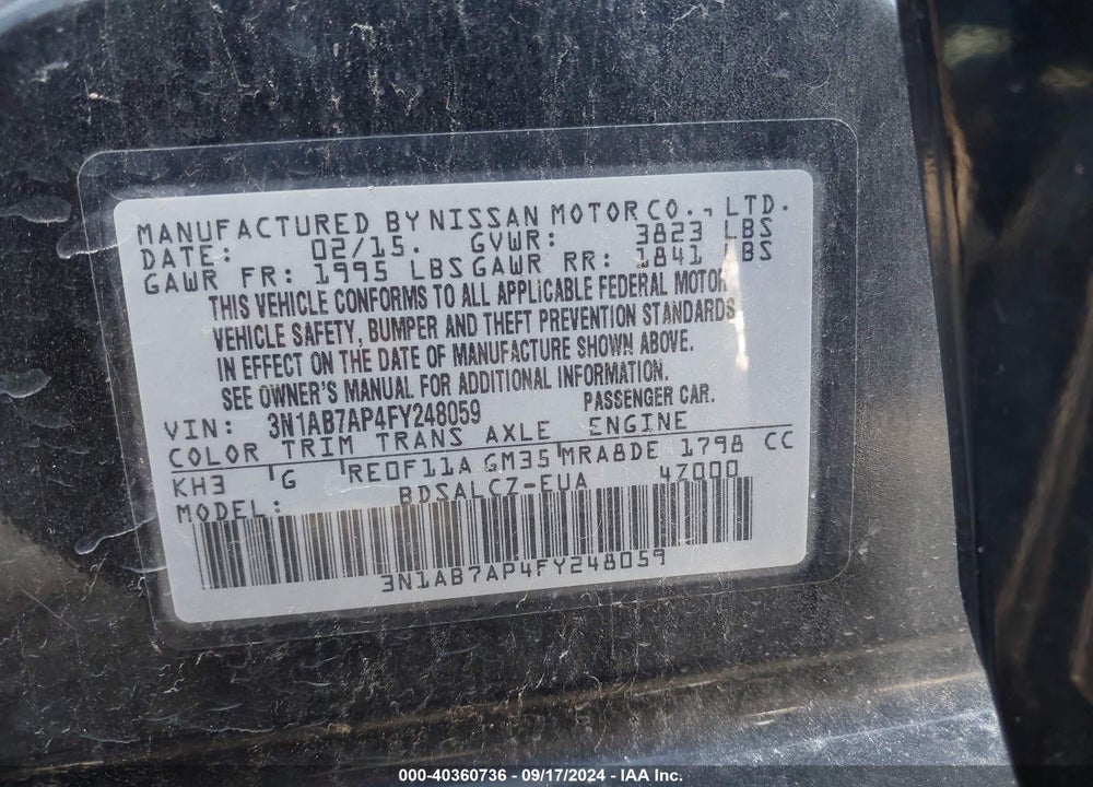 2015 NISSAN SENTRA S VIN: 3N1AB7AP4FY248059