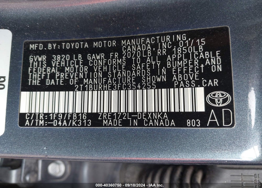 2015 TOYOTA COROLLA LE PLUS VIN: 2T1BURHE3FC354255