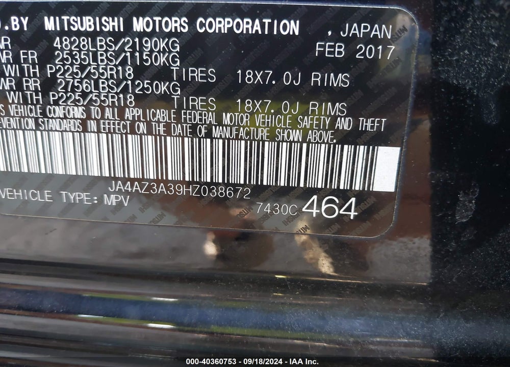 2017 MITSUBISHI OUTLANDER SE/SEL VIN: JA4AZ3A39HZ038672