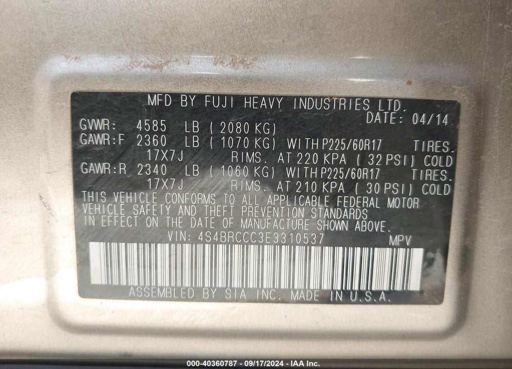 2014 SUBARU OUTBACK 2.5I PREMIUM VIN: 4S4BRCCC3E3310537