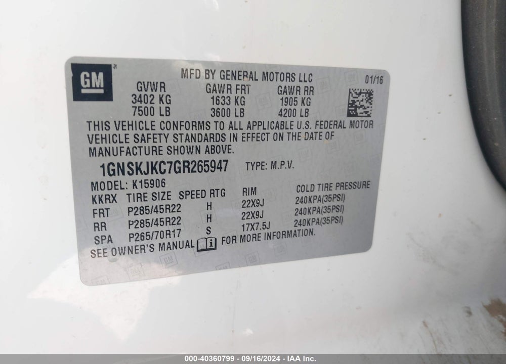 2016 CHEVROLET SUBURBAN LTZ VIN: 1GNSKJKC7GR265947