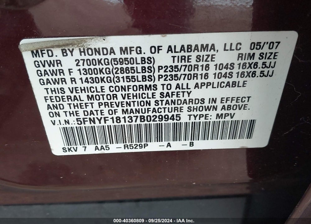 2007 HONDA PILOT LX VIN: 5FNYF18137B029945
