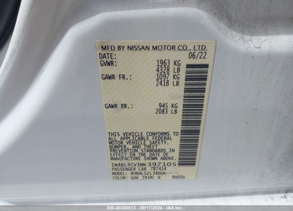 2022 NISSAN ALTIMA SR FWD VIN: 1N4BL4CV3NN397105