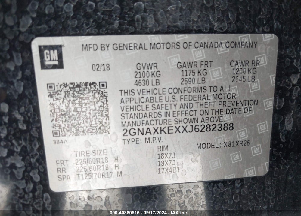 2018 CHEVROLET EQUINOX LT VIN: 2GNAXKEXXJ6282388