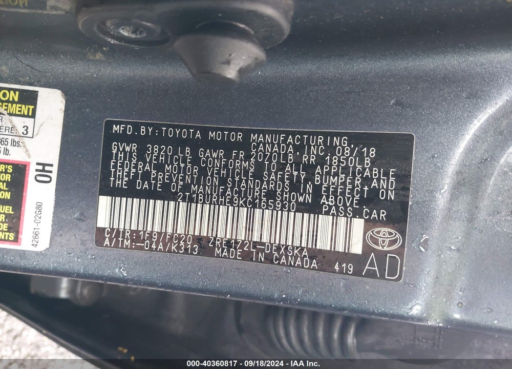 2019 TOYOTA COROLLA VIN: 2T1BURHE9KC165930