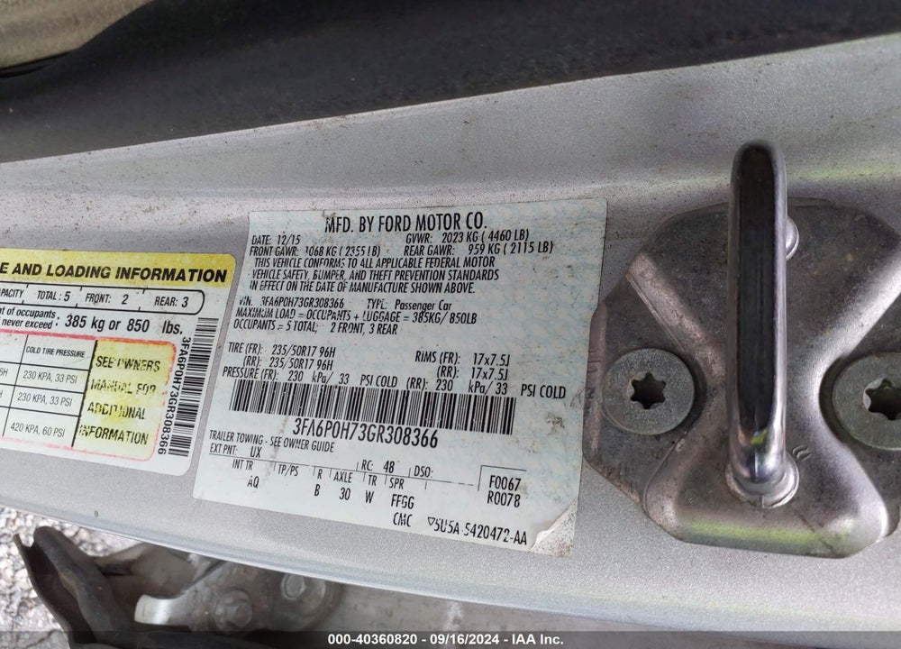 2016 FORD FUSION SE VIN: 3FA6P0H73GR308366