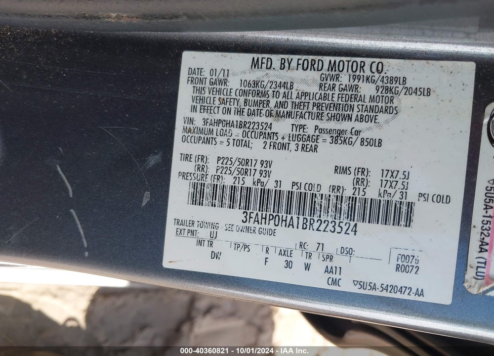 2011 FORD FUSION SE VIN: 3FAHP0HA1BR223524