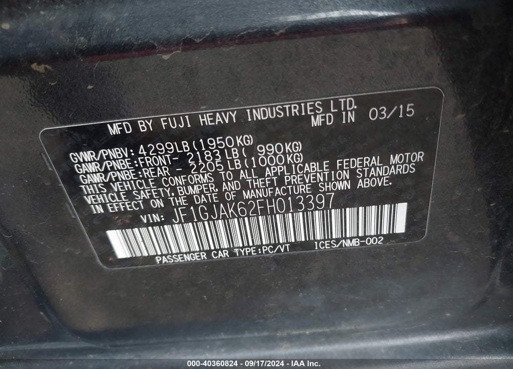 2015 SUBARU IMPREZA 2.0I PREMIUM VIN: JF1GJAK62FH013397