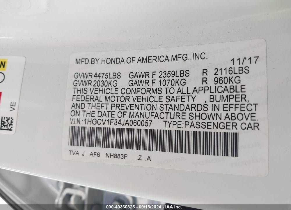 2018 HONDA ACCORD SPORT VIN: 1HGCV1F34JA060057