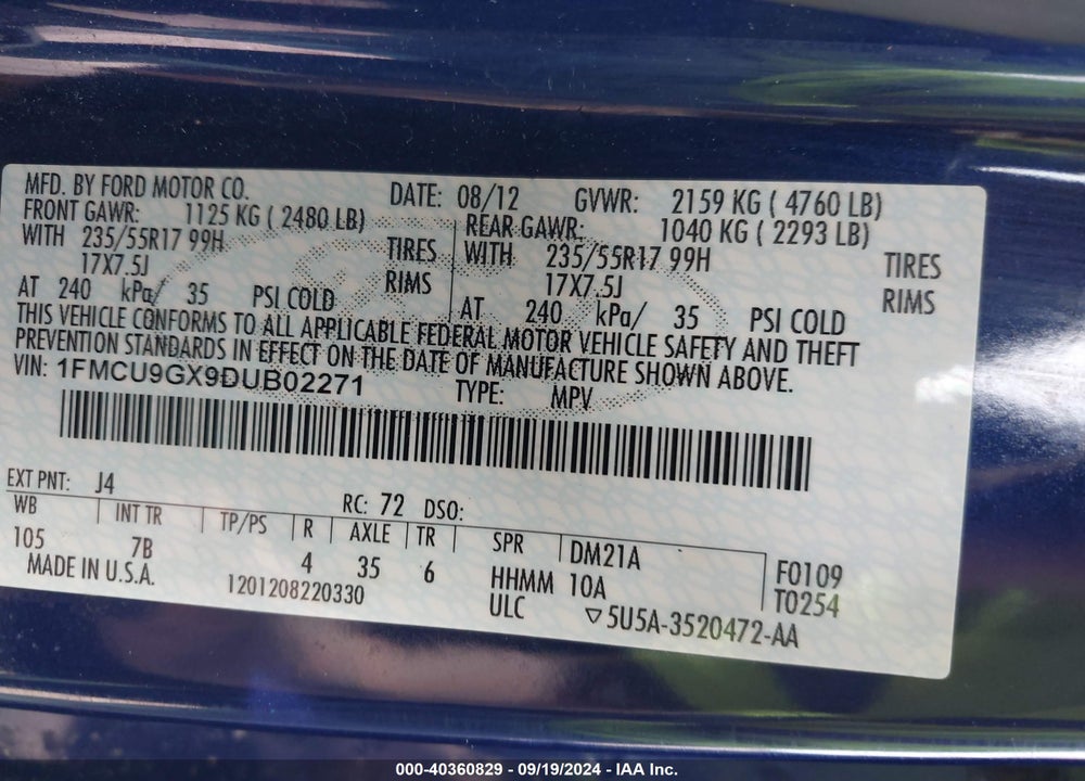 2013 FORD ESCAPE SE VIN: 1FMCU9GX9DUB02271