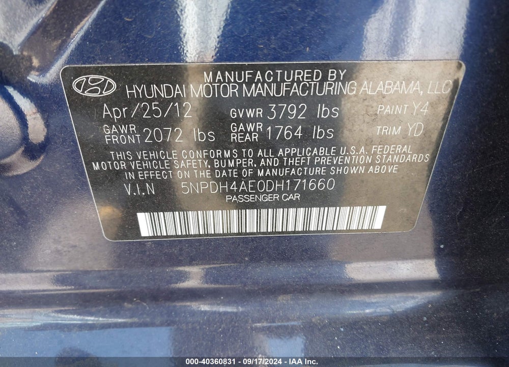 2013 HYUNDAI ELANTRA GLS VIN: 5NPDH4AE0DH171660