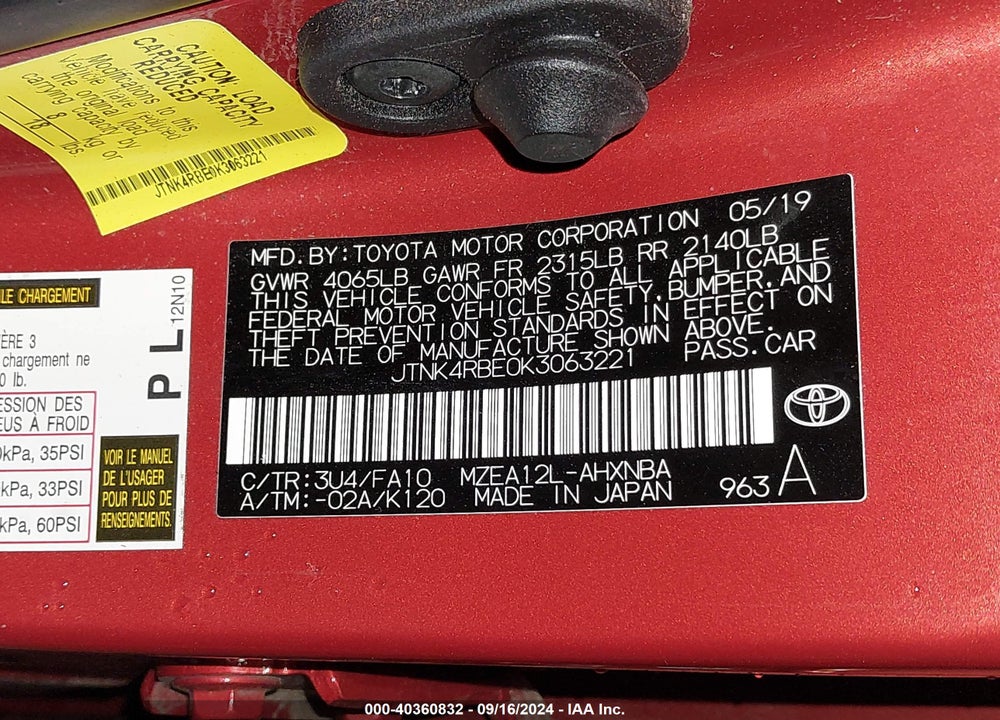 2019 TOYOTA COROLLA SE VIN: JTNK4RBE0K3063221