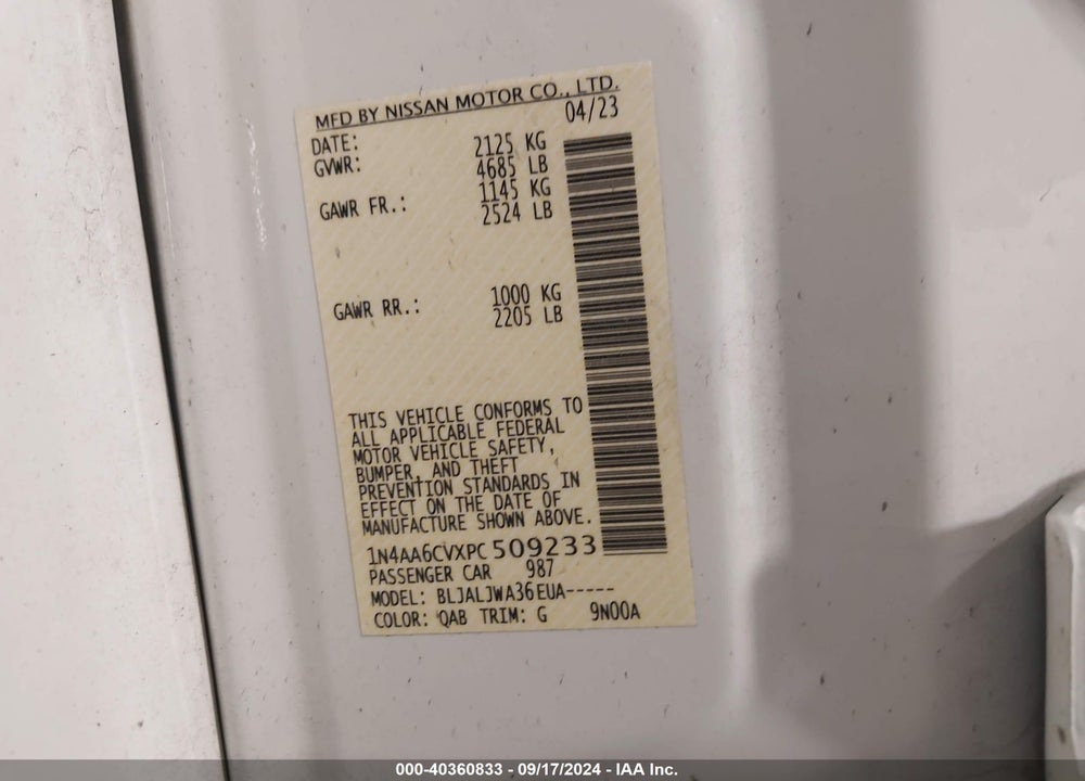 2023 NISSAN MAXIMA SV XTRONIC CVT VIN: 1N4AA6CVXPC509233