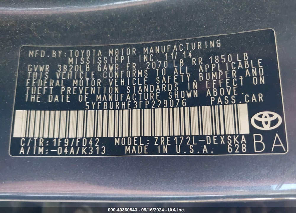 2015 TOYOTA COROLLA S PLUS VIN: 5YFBURHE3FP229076