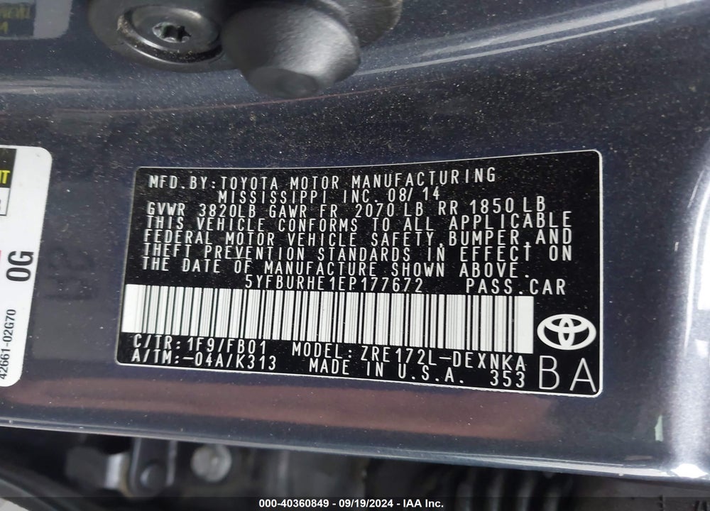 2014 TOYOTA COROLLA LE VIN: 5YFBURHE1EP177672