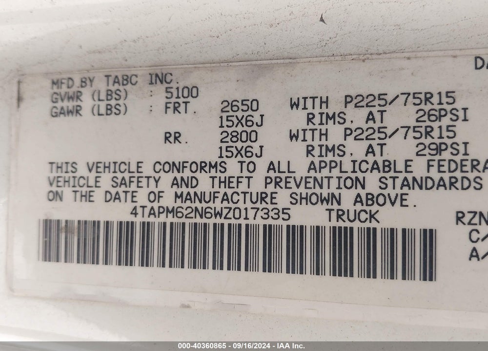 1998 TOYOTA TACOMA VIN: 4TAPM62N6WZ017335