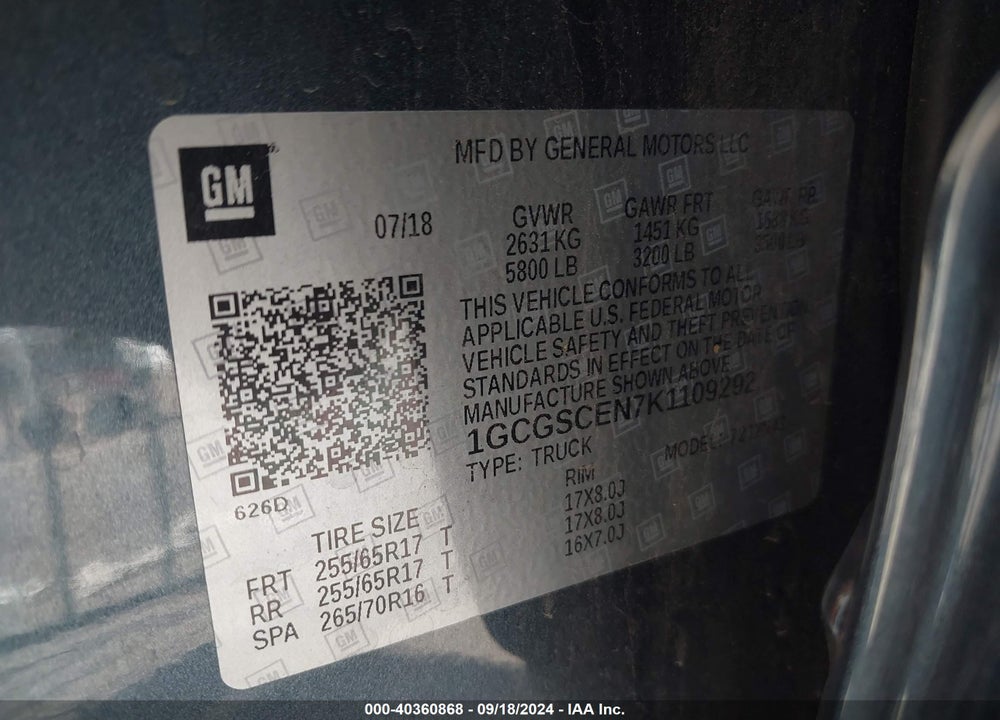 2019 CHEVROLET COLORADO LT VIN: 1GCGSCEN7K1109292