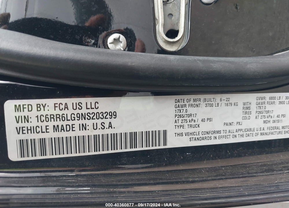 2022 RAM 1500 CLASSIC SLT 4X2 5'7 BOX VIN: 1C6RR6LG9NS203299